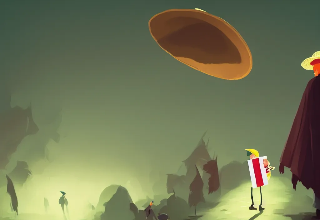 Image similar to donald trump dressed in poncho and sombrero holding a taco, presidental elections candidates, cnn, fox news, fantasy, by atey ghailan, by greg rutkowski, by greg tocchini, by james gilleard, by joe gb fenton, dynamic lighting, gradient light green, brown, blonde cream, salad and white colors in scheme, grunge aesthetic