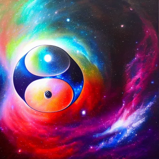 Image similar to a YinYang symbol as a nebula, hyper-detailed oil painting, mystical, magical, implosion, realistic, 4k,
