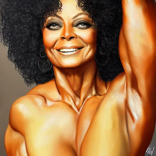 Image similar to Diana ross with the physique of a body builder, hyper realistic and ultra detailed face, cinematic, dynamic lighting, photorealistic, refined, intricate, digital art, digital painting, masterpiece, 8k