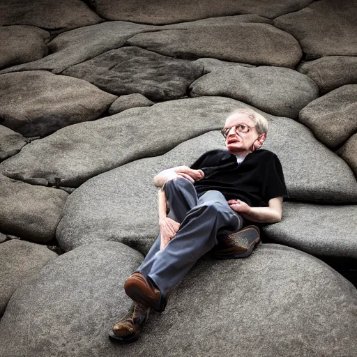 Prompt: stephen hawking laying on rocks, photography, 8 k,