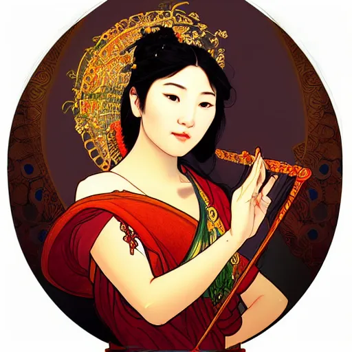 Image similar to a portrait of a very beautiful Asian goddess with halo behind her head, in the style of WLOP and Alphonse Mucha and Ross Tran, facing the camera, dramatic lighting