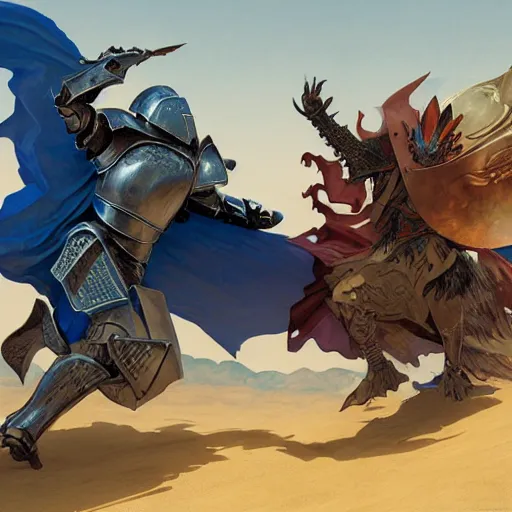 Image similar to dragon fire vs blue armor knight shield, green car hatchback, desert landscape, greg manchess, akehiko inoue and ross tran, greg rutkowski, alphonse mucha, D&D, fantasy, action