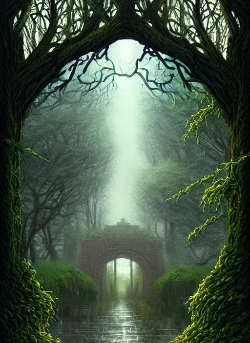 Image similar to book cover!!!!!!!!!!!!, old bridge, ivy vector elements at each border, fantasy forest landscape, fantasy magic, light night, intricate, elegant, sharp focus, illustration, highly detailed, digital painting, concept art, matte, art by wlop and artgerm and ivan shishkin and andrey shishkin, masterpiece