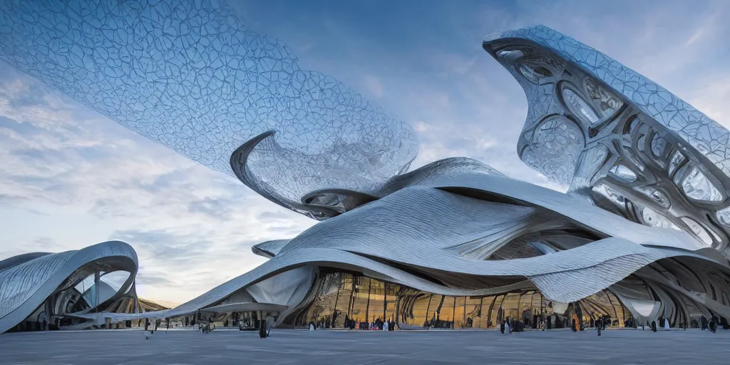 Prompt: extremely detailed ornate stunning sophisticated beautiful elegant futuristic museum exterior by Zaha Hadid, stunning volumetric light, sunset, concrete ant translucent material, stunning skies, 8k dragonfly structural pattern