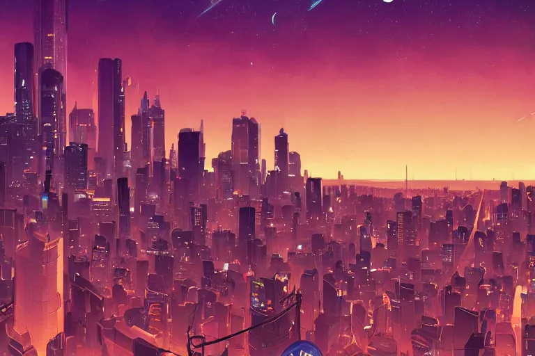 Image similar to city skyline at dusk with stars and planets stylized, official fanart behance hd artstation by jesper ejsing, by rhads, makoto shinkai and lois van baarle, ilya kuvshinov, ossdraws, cel shaded by feng zhu and loish and laurie greasley, victo ngai, andreas rocha, john harris