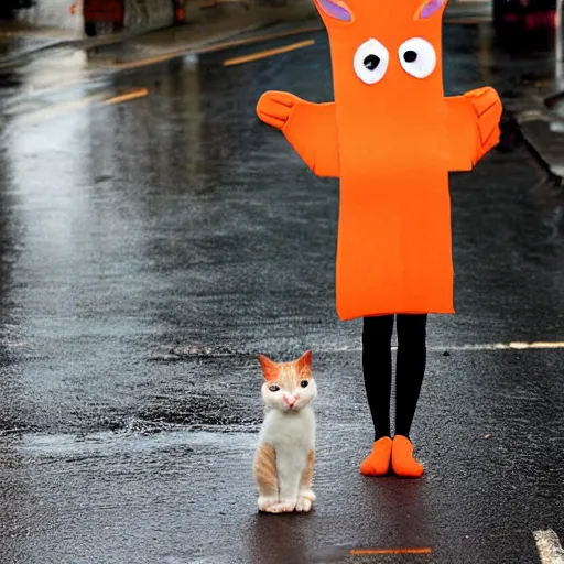 Prompt: a crying cat in the middle of a wet street while wearing a funny carrot costume, android picture