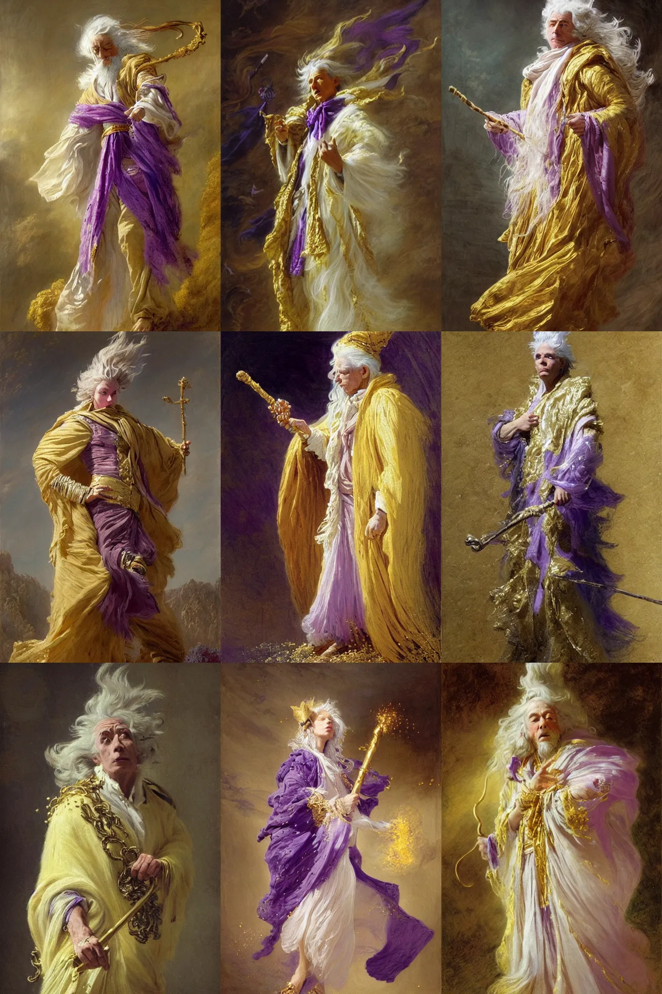 Prompt: a wizard with white hair and a gold scarf, windy, cape, purple ribbons, stars, melancholic, modern maximalist fashion dress, is ( ( holding a staff ) ). light dust, magnificent, hyperdetailed, theatrical, painted by jean honore fragonard and gaston bussiere and greg rutkowski