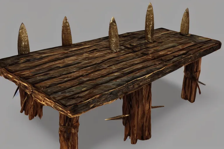 Image similar to a rustic rectangle wooden table with spikes sticking out of it. Dungeons and dragons fantasy digital art, artstation highquality 4k