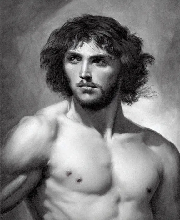 Prompt: portrait of a handsome young barbarian stud, art by denys tsiperko and bogdan rezunenko and franz xaver kosler, hyperrealism