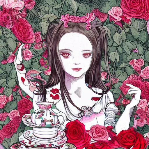 Prompt: Alice in Wonderland at the tea party, surrounded by red and white roses, digital illustration, inspired by Aeon Flux and Japanese shoujo manga, hyper detailed, phantasmagoric, super photorealistic, muted and pastel shades, extremely fine inking lines