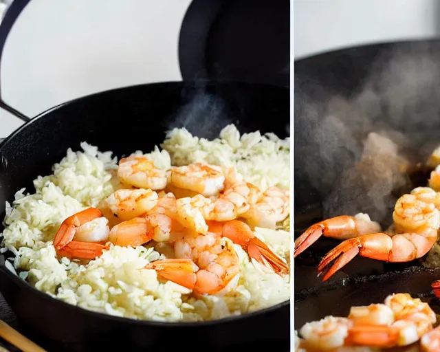 Image similar to photo of a shrimp wearing a chef hat and frying rice in a skillet in a kitchen