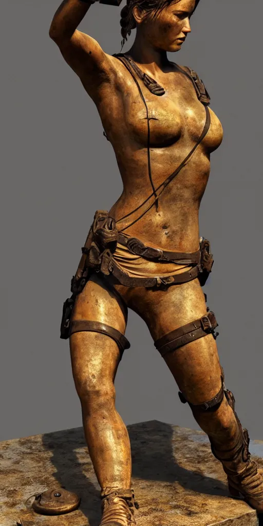 Image similar to detailed photo of an old bronze patina statue of beautiful lara croft, full body portrait, photorealism, various poses, intricate detail, museum diffuse lighting