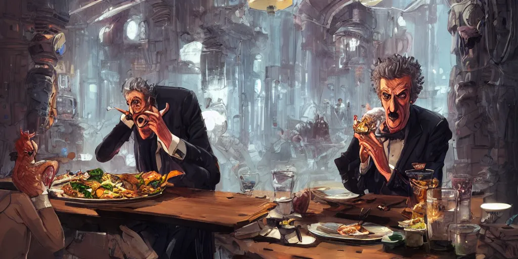 Image similar to cartoonish peter capaldi eating dinner, vivid colors, character sheet, fine details, concept design, contrast, kim jung gi, greg rutkowski, trending on artstation, 8 k, full body, turnaround, front view, back view, ultra wide angle