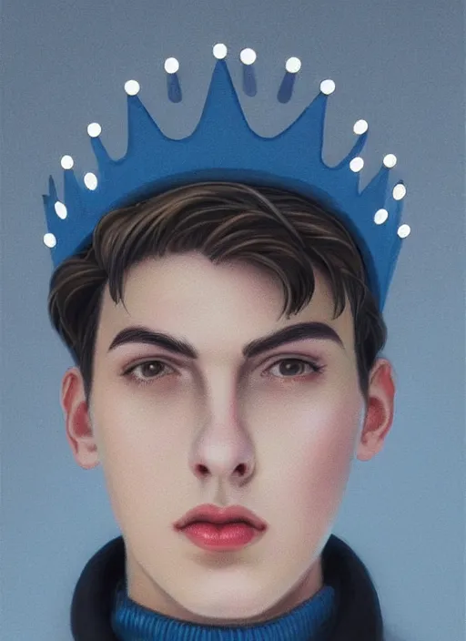 Image similar to portrait of teenage jughead jones wearing a light grey crown, crown, blue turtleneck, 1 9 5 0 s, closed eyes, photorealistic, black hair, glowing lighting, intricate, elegant, glowing lights, highly detailed, digital painting, artstation, concept art, smooth, sharp focus, illustration, art by wlop, mars ravelo and greg rutkowski