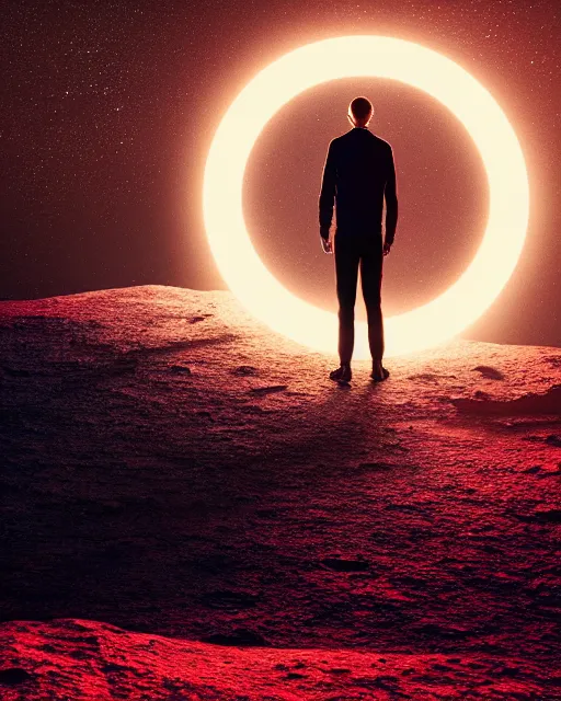 Image similar to a person standing in front of a glowy open door that's on a barren moon, poster art by mike winkelmann, trending on cg society, space art, sci - fi, ue 5, futuristic, volumetric lighting