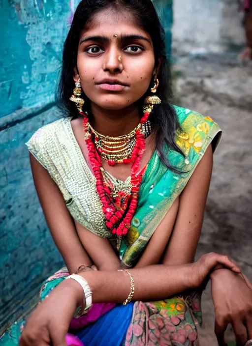 Image similar to portrait Mid-shot of an beautiful 20-year-old Indian woman, candid street portrait in the style of Martin Schoeller award winning