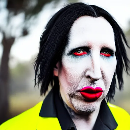 Image similar to Marilyn Manson, wearing hi vis clothing, in the Australian outback, portrait photography, bokeh, depth of field, 4k