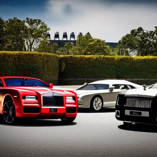 Image similar to Rolls Royce, Lamborghini, Ferrari line up, ultra realistic, canon camera