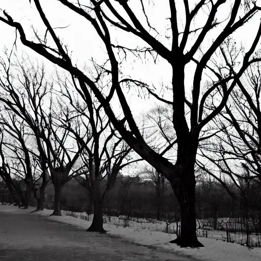 Prompt: Bare trees scrape the sky. The last leaf buried in white. Winter's pallid face.