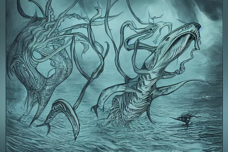 Image similar to several alien sea creature designs, silhouettes, drawings, creepy, mysterious, full page