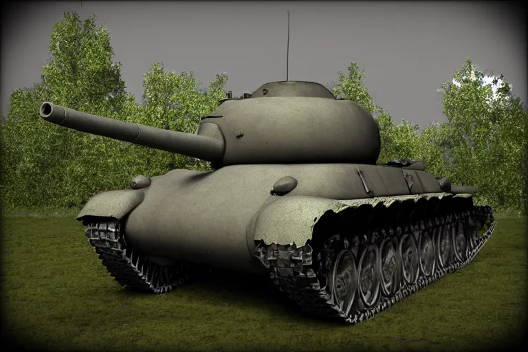 Image similar to 3d render of amrican 1944 tank M4 Sherman angled front plate cast turret hidden in bush camo netting dark gritty photo ((((grunge)))) barrel peaking out of the bush ((((((green grey color palette) cinematic ((((((Fury 2014 film)))))) detailed european forest Belgium summer overcast cloudy day