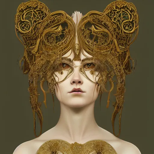 Image similar to a beautiful girl made of ivory and gold, highly intricate, digital art, very detailed, in the style of a weird and dark eerie liminal art nouveau flemish painting, 8k, octane render