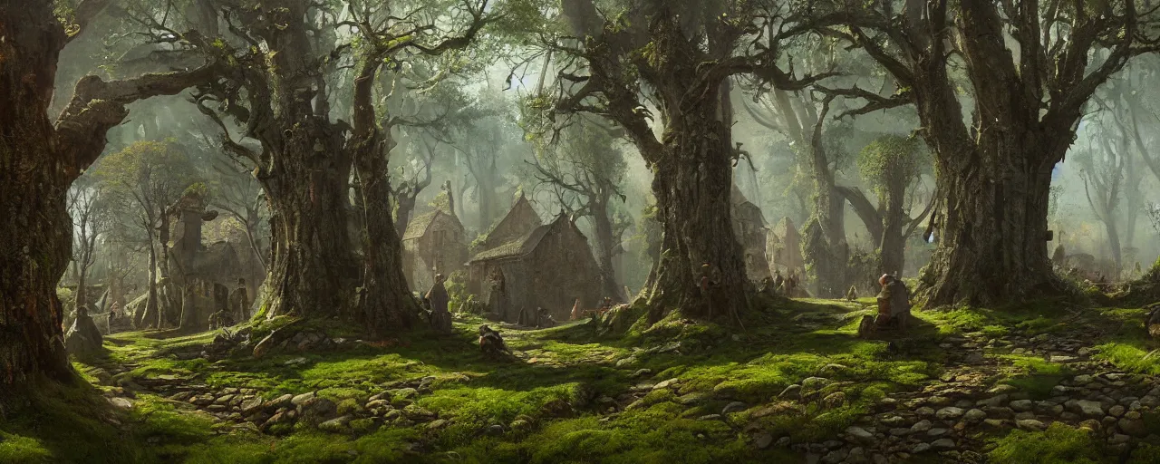 Image similar to a painting of a medieval village in a mossy forest with giant trees, stunning intricate matte painting by senior environment artist, cgsociety, fantasy art