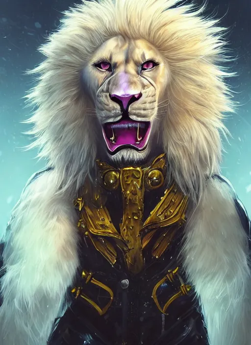 Image similar to aesthetic portrait commission of a of a male fully furry muscular anthro albino lion with a tail and a beautiful attractive hyperdetailed face wearing stylish and creative torn open black and yellow heavy outfit in a sci-fi dystopian city at golden hour while it storms in the background with bright police sirens lighting up the subject. Character design by charlie bowater, ross tran, artgerm, and makoto shinkai, detailed, inked, western comic book art, 2021 award winning painting