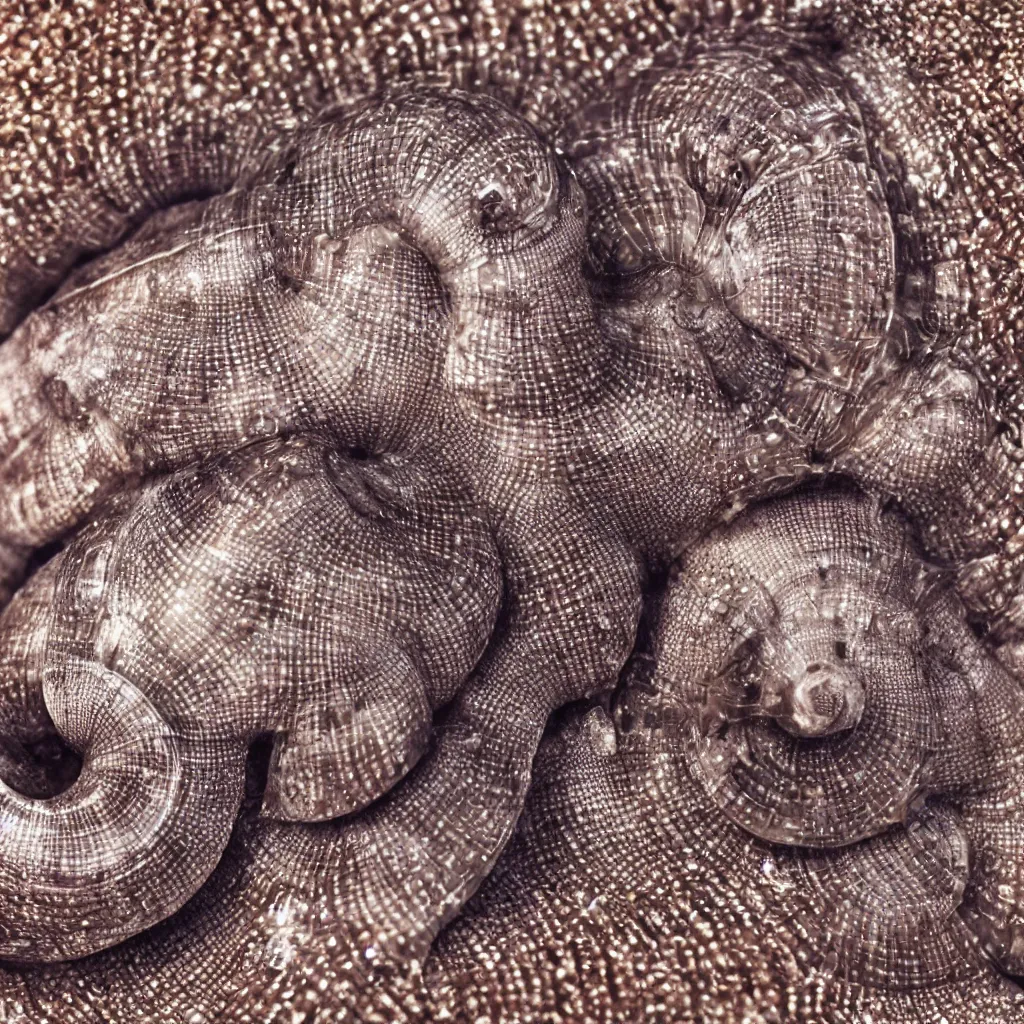 Image similar to macro of geometric complex sea snail by ernst haeckel, closeup, fractal, realistic cinema 4 d render, beach sand background, clear focus, very coherent, very detailed