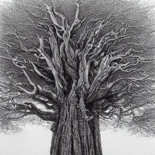 Image similar to a hyper-detailed pencil drawing of a large tree that towers over the heavens, by kentaro miura, stunning masterpiece