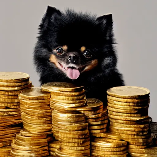 Image similar to A pomeranian wearing a top-hat, sitting on top of a large pile of gold coins