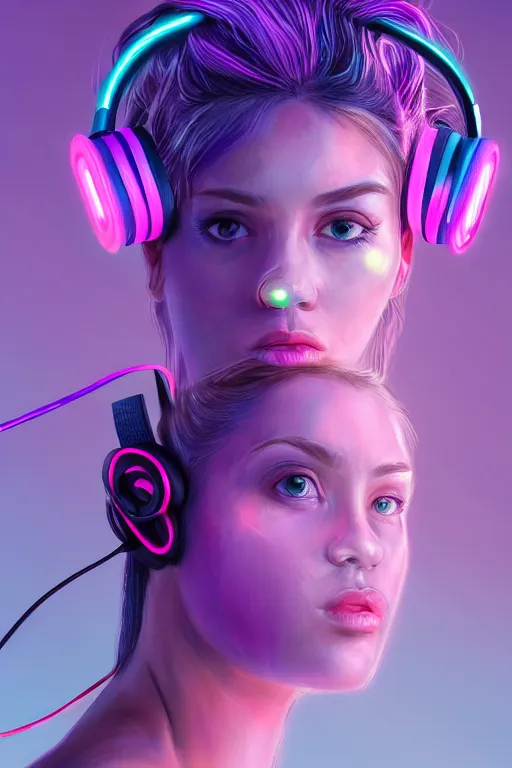 Image similar to a award winning half body portrait of a beautiful woman with stunning eyes in a croptop and cargo pants with ombre purple pink teal hairstyle and wearing headphones on her ears by thomas danthony, surrounded by whirling illuminated lines, outrun, vaporware, digital art, trending on artstation, highly detailed, fine detail, intricate