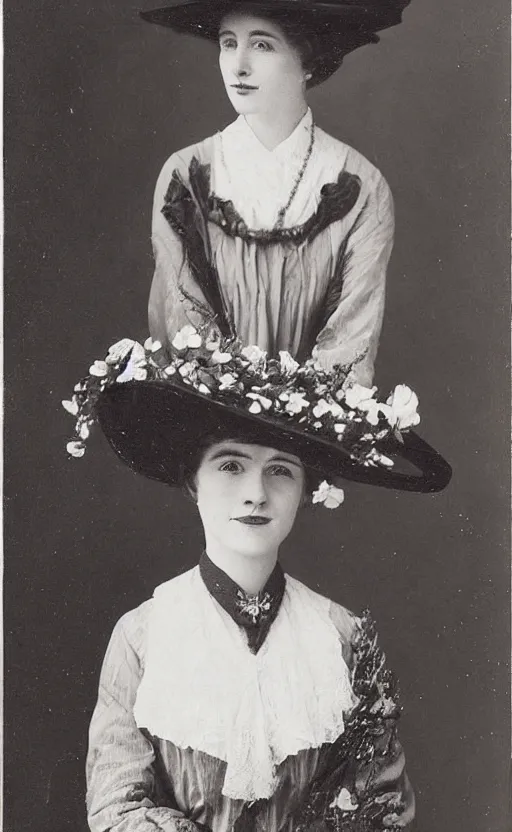 Prompt: portrait! of a lovely lady! wearing a big hat! edwardian haircut! 1 9 0 0 s! edwardian dress! flowers behind her!