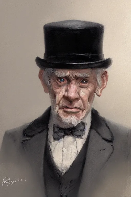 Image similar to a grey hair old halfling with no beard top hat and suit by Greg Rutkowski, painting, portrait, HD, high details, trending on artstation