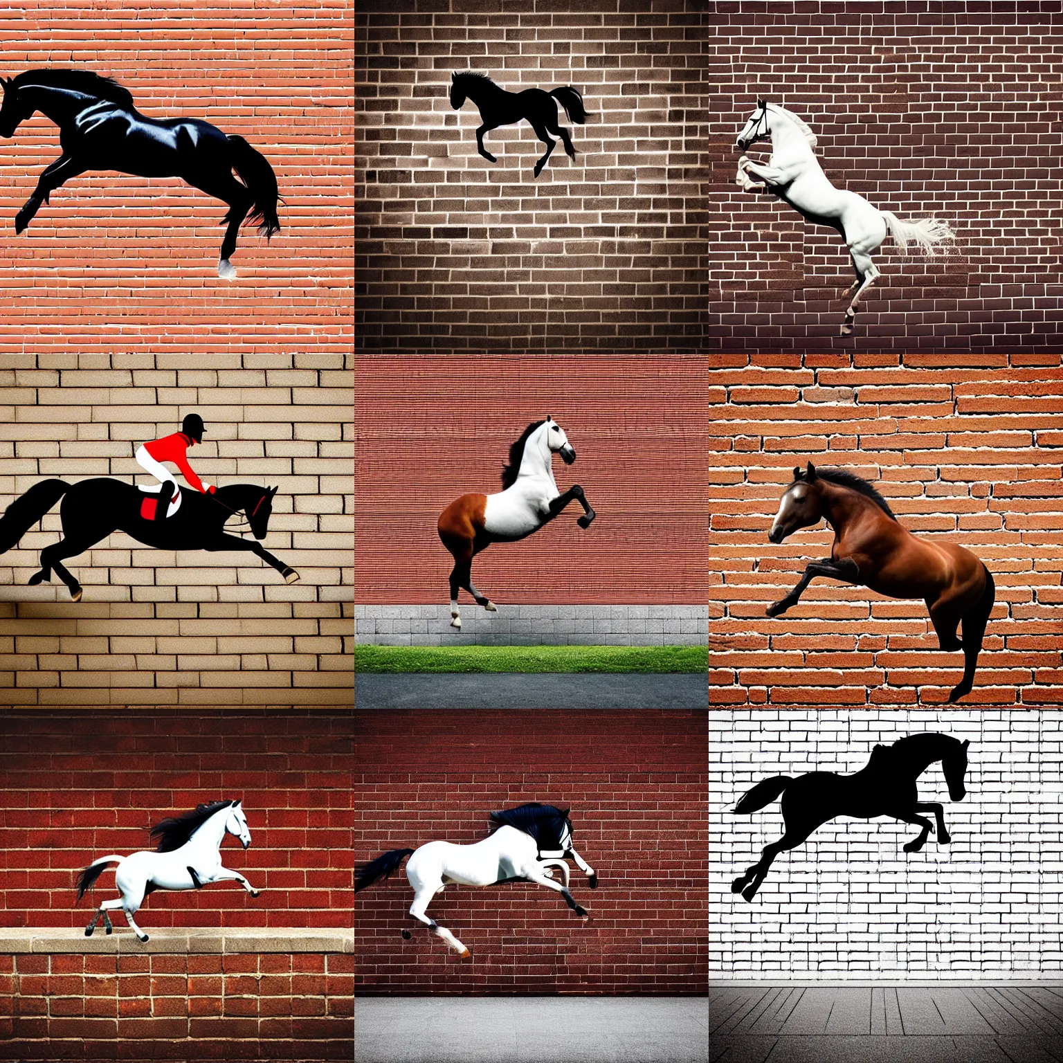 Prompt: a horse jumping on top of a brickwall, minimalist style