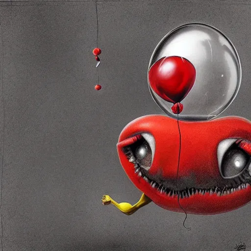 Image similar to surrealism grunge cartoon portrait sketch of a banana with a wide smile and a red balloon by - michael karcz, loony toons style, pennywise style, horror theme, detailed, elegant, intricate