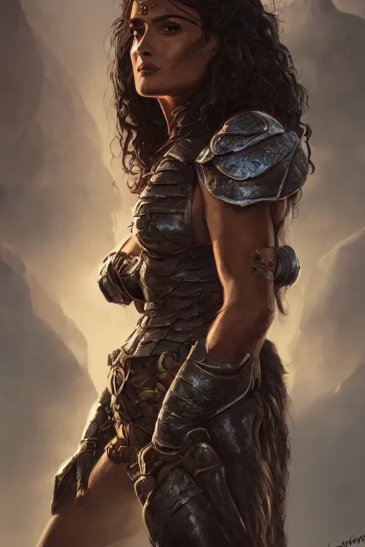 Image similar to portrait, Salma Hayek , barbarian , dressed in leather armor, face portrait, raphael lacoste, eddie mendoza, alex ross, concept art, matte painting, highly detailed, rule of thirds, dynamic lighting, cinematic, detailed, denoised, centred