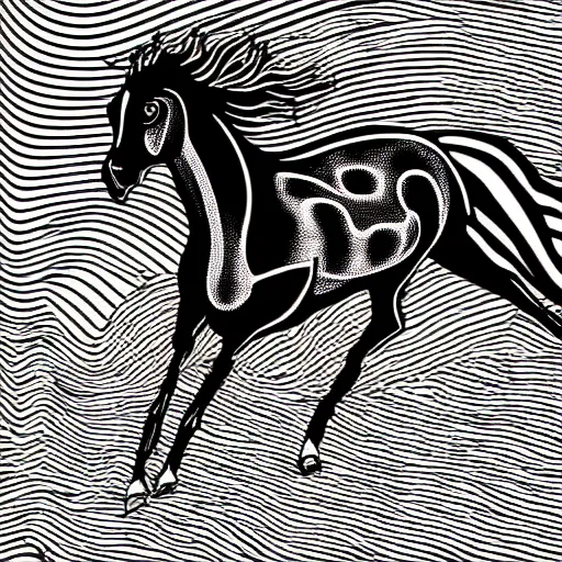 Image similar to a black and white vector based illustration by Junji Ito of a galloping flaming horse done in Adobe illustrator, black ink shading on white background