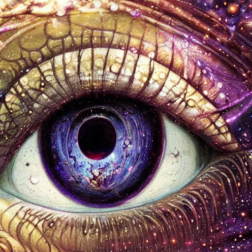 Image similar to low angle shot of a eye with the galaxy in the iris by clive barker, intricate, elegant, highly detailed, centered, digital painting, artstation, concept art, smooth, sharp focus, illustration, artgerm, Tomasz Alen Kopera, Peter Mohrbacher donato giancola, Joseph Christian Leyendecker, WLOP, Boris Vallejo.