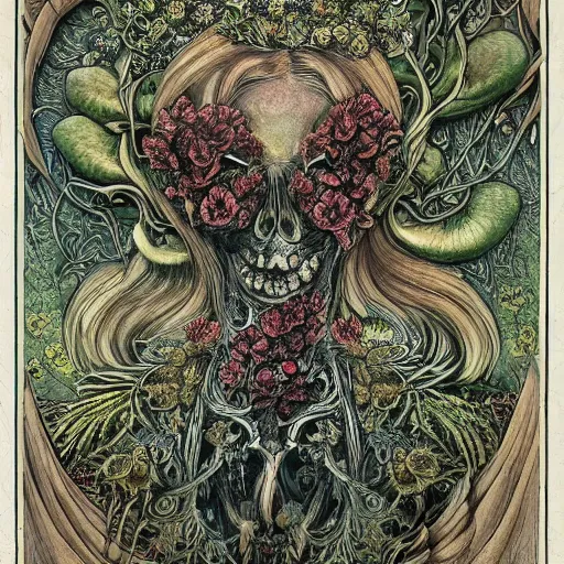 Image similar to a beautiful detailed front view portrait of a rotten woman corpse with fractal plants and fractal flowers and mushrooms growing around, intricate, symmetrical, ornate, ornamentation, bones, illustration, in the style of art nouveau