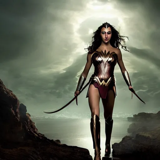 Prompt: Full body photo of the beautiful woman Gal Gadot as a Medusa, she is looking straight to the camera, she has a glow coming from her, she is getting illuminated for rays of light, behind her is a scary atmosphere, the photo was taking by Annie Leibovitz, matte painting, oil painting, naturalism, 4k, 8k