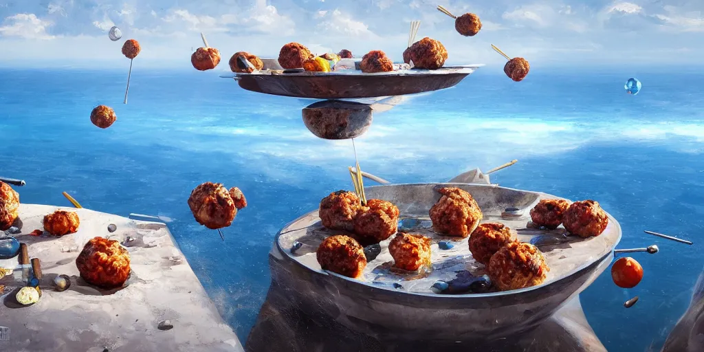 Image similar to Floating paellas and meatballs over a blue ocean, Darek Zabrocki, Karlkka, Jayison Devadas, Phuoc Quan, trending on Artstation, 8K, ultra wide angle, pincushion lens effect.