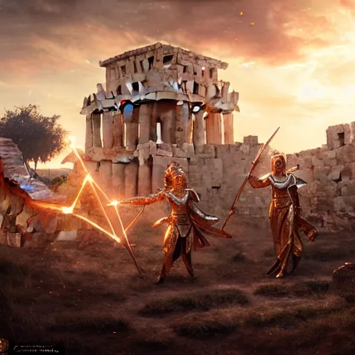 Image similar to An portrait of a female Knights of Zodiac, fgolden and copper armor, fighting at ancinet Agora of Athens, ruins, Golden Light, illustration, art by greg rutkowski and Daeho Cha and WLOP, volumetric light, lightrays, smoke, cinematic, intricate, hypermaximalist, super detailed