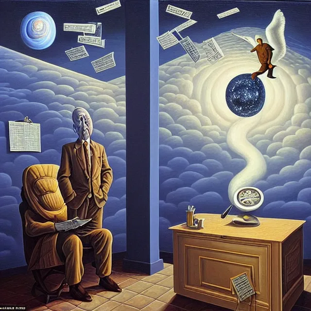 Prompt: an oil on canvas portrait of a man at an office making a deal with an angel, surrealism, surrealist, lovecraftian, cosmic horror, rob gonsalves, high detail