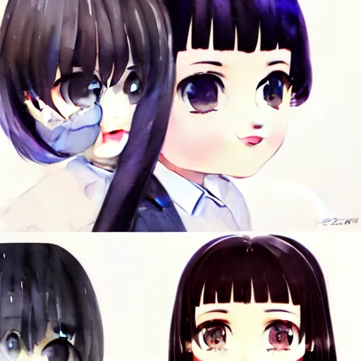 Prompt: collage of, portrait watercolor painting of nendoroid eyes kawaii chibi with black hair and hime cut by krenz cushart ilya kuvshinov pixiv key visual manga cover, artstation