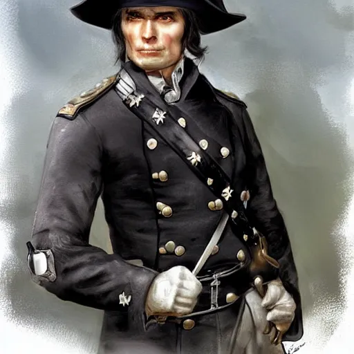 Prompt: a clean shaven confederate general with puffy black sideburns short black hair a side part and a square face, an english man, dnd character art, painting by artgerm and ed binkley, HDR color