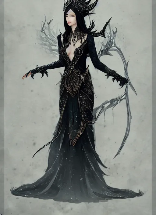 Prompt: Beautiful elven queen with black hair and silver crown in intricate black dress. Haughty look. In style of Hyung-tae Kim, Greg Rutkowski and Larry Elmore, concept art, trending on ArtStation, Korean MMORPG, over-detailed art, 8K, epic, dynamic lightning, scenery.