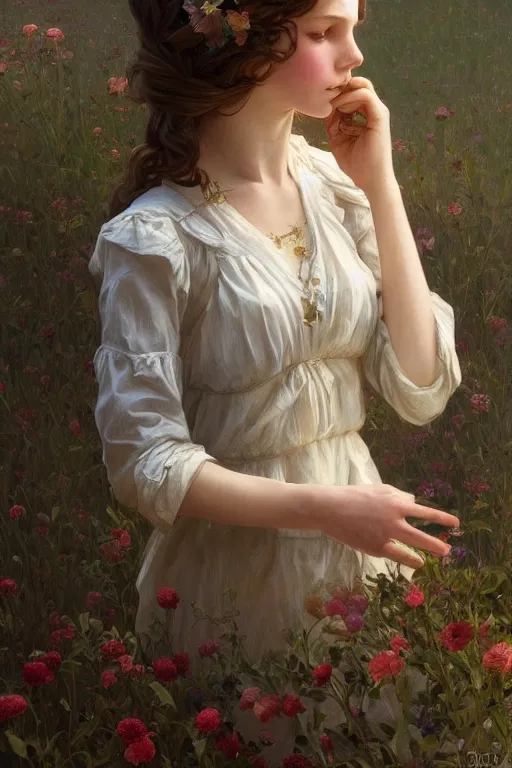 Image similar to beautiful cottagecore young peasant maiden, innocent, intricate, elegant, highly detailed, digital painting, artstation, concept art, smooth, sharp focus, illustration, art by artgerm and greg rutkowski and alphonse mucha
