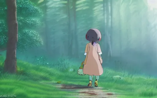 Image similar to a girl with her pet bear made of mist walking through the forest, art by hayao miyazaki, studio ghibli film, 4k, hi res, high detail