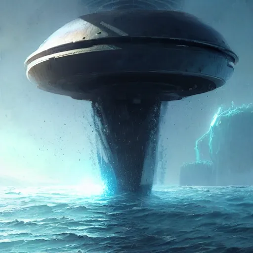 Image similar to An alien spaceship draining water from the ocean, by greg rutkowski